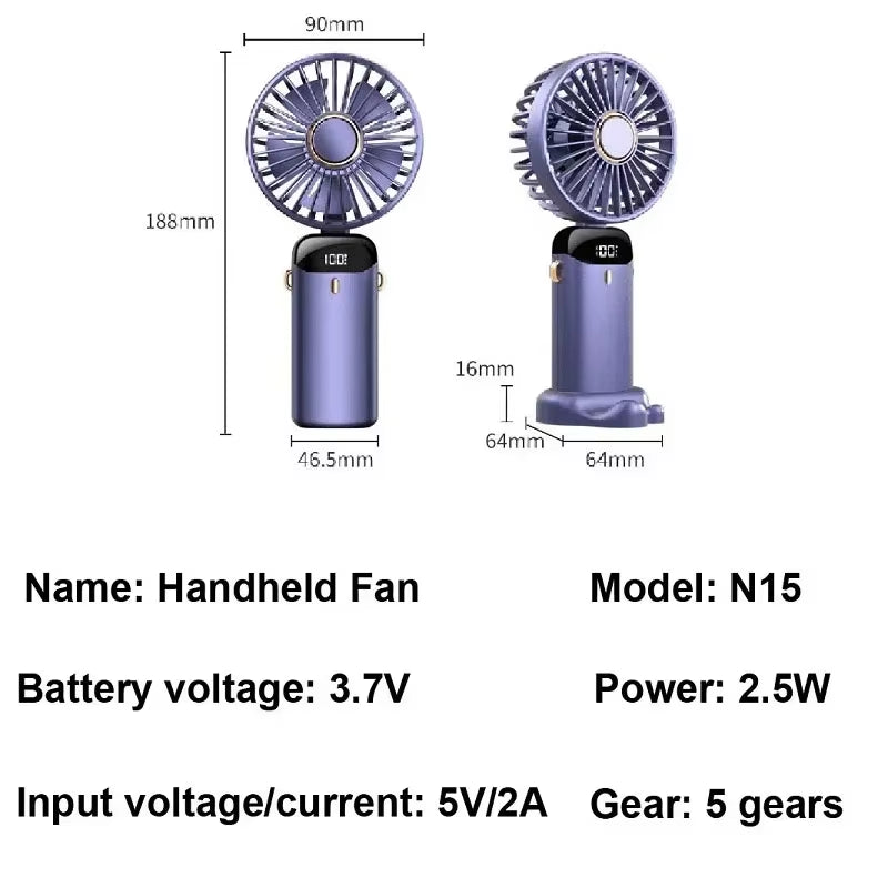 Handheld Mini Fan 3000Mah Foldable Portable Desk Outdoor Neck Hanging 5 Speed USB Rechargeable Fan Phone Stand Display Screen